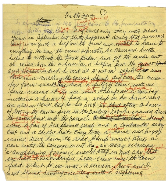 Moe Howard's Handwritten Manuscript Page When Writing His Autobiography -- Entitled ''On the Farm'', Moe Writes About Curly & Shemp, & Getting Sprayed by a Skunk -- Two Pages on One 8'' x 9'' Sheet